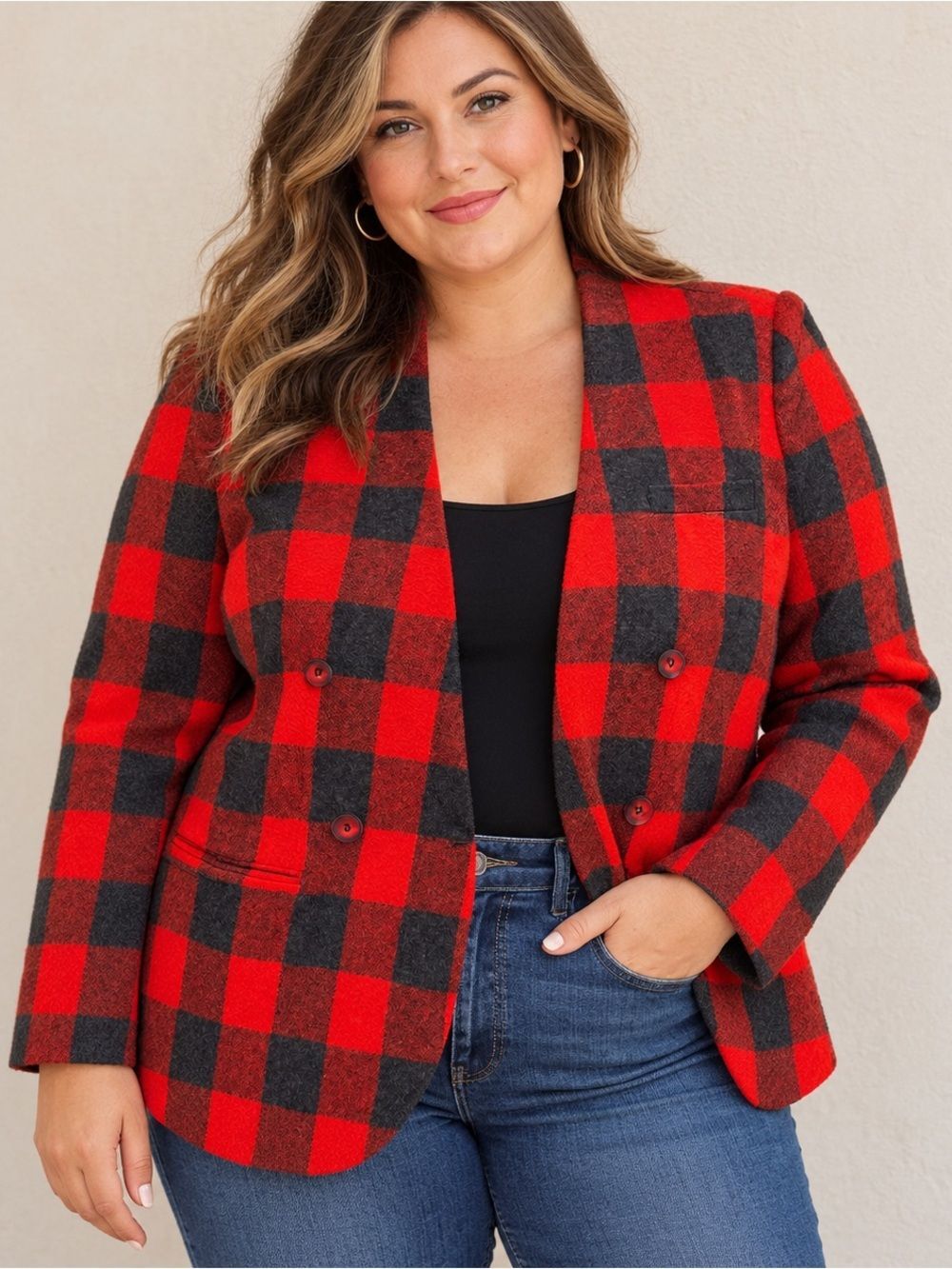 Red Black Buffalo Plaid Double-Button Blazer 14W XL Preppy Equestrian Office